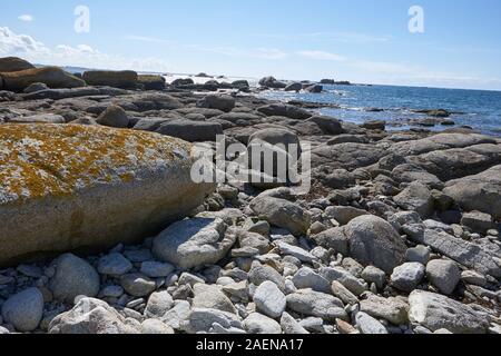 Costa in Bretagna con grandi rocce, MOSS e acqua blu, belle riflessioni sul mare, giornata di sole Foto Stock