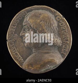 Medaglia o ritratto in stile Niccolò Fiorentino raffigurante Michelangelo di Guglielmino Tanaglia, 1437-1512, lato dritto, con volto, iscrizioni, rilievo e design del primo Rinascimento italiano. Foto Stock