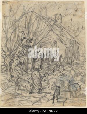 Un paesaggio dipinto da Théodore Rousseau che mostra un gregge di pecore di fronte a una fattoria, con campi e alberi circostanti, che riflette lo stile della scuola francese Barbizon del XIX secolo. Foto Stock