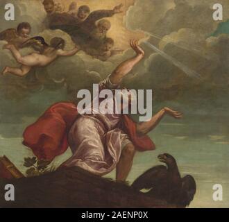 Un dipinto di Tiziano e la sua bottega, intorno al 1553-1555, che mostra San Giovanni Evangelista su Patmos, illustrandolo con un libro e un'aquila, sottolineando la composizione e lo stile rinascimentale. Foto Stock