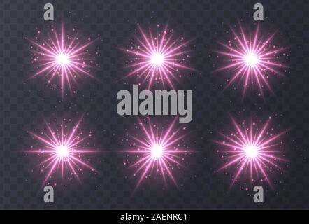 Riflessi di luce impostato isolato su sfondo trasparente. Lente rosa bengala, bokeh, brilla, brilla collezione di stelle. Illustrazione Vettoriale