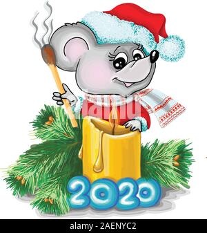 Illustrazioni vettoriali mouse una candela di natale, 2020, segni zodiacali Illustrazione Vettoriale