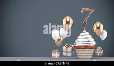 Numero 7 oro tortina di compleanno con palloncini e regali. 3D Render Foto Stock
