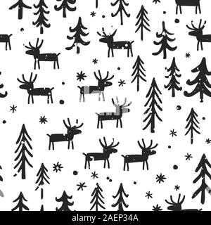 Vettore di Natale modello senza soluzione di continuità con il cartoon deer, alberi e fiocchi di neve. Il bianco e il nero tavolozza. Scandinavian inverno sfondo. Illustrazione Vettoriale