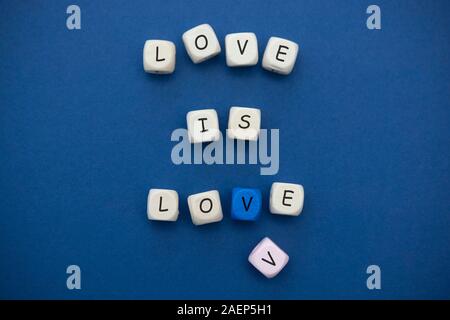 L amore è amore messaggio scritto su blocchi di legno su sfondo blu. Foto Stock