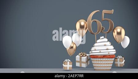 Il numero 65 oro tortina di compleanno con palloncini e regali. 3D Render Foto Stock