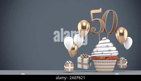 Numero 50 oro tortina di compleanno con palloncini e regali. 3D Render Foto Stock