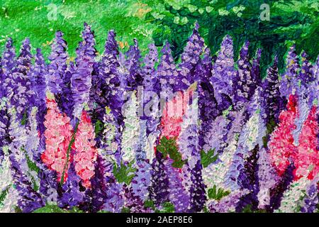 Chiudere i dettagli di un dipinto ad olio con fiori di lupino. Foto Stock