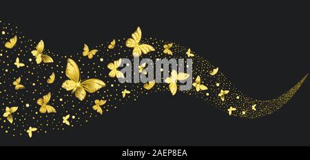 Golden decorativi farfalle nel flusso su uno sfondo nero Illustrazione Vettoriale