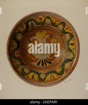 Piatto tedesco in ceramica della Pennsylvania realizzato da William L. Antrim intorno al 1938, con forma circolare, decorazione dipinta, bordo, smalto, e lo stile delle ceramiche popolari americane della metà del XX secolo. Foto Stock