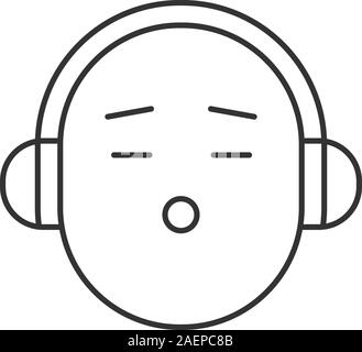 Smile con cuffie icona lineare. Linea sottile illustrazione. Ascolto di musica smiley. Simbolo di contorno. Il vettore isolato disegno di contorno Illustrazione Vettoriale