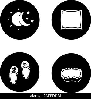 Dormire glifo accessori set di icone. Maschera di pelo, pantofole da camera, il sole e la luna con stelle, cuscino. Vettore silhouette bianca illustrazioni in blac Illustrazione Vettoriale