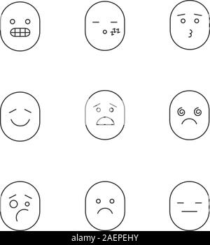 Sorrisi lineare set di icone. Buono e cattivo umore. Divertente, grinning, smorfie, assonnato, baciare, spaventata, vertigini, sconvolto, folle, triste smiley. Sottile linea contour Illustrazione Vettoriale