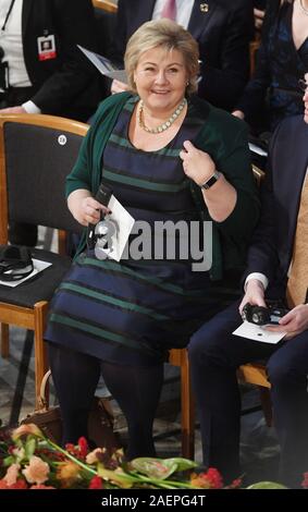 Oslo, Norvegia. Decimo Dec, 2019. Primo Ministro norvegese Erna Solberg assiste il Premio Nobel per la pace cerimonia presso il Municipio di Oslo il 10 dicembre 2019. Foto di Rune Hellestad/ Credito: UPI/Alamy Live News Foto Stock