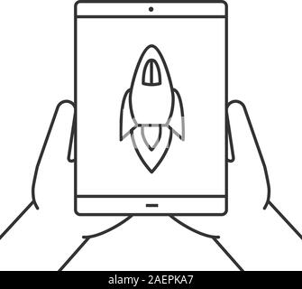Mani computer tablet icona lineare. L'avvio. Linea sottile illustrazione. Tablet PC con rucola. L'avvio dell'applicazione. Simbolo di contorno. Vettore Illustrazione Vettoriale