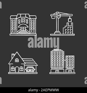 Gli edifici della città di chalk set di icone. Hotel, gru a torre, cottage, centro business. Vettore isolato illustrazioni della lavagna Illustrazione Vettoriale