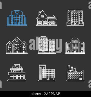 Gli edifici della città di chalk set di icone. Centri commerciali, centri commerciali, cottage, municipio, fabbrica industriali, edifici a più piani. Vettore isolato chal Illustrazione Vettoriale