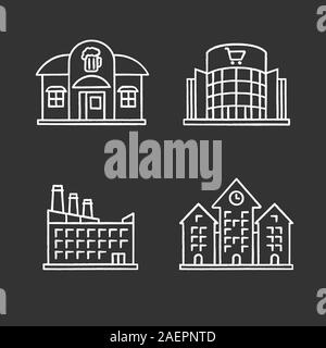 Gli edifici della città di chalk set di icone. Pub, shopping center, hotel, municipio. Vettore isolato illustrazioni della lavagna Illustrazione Vettoriale