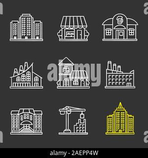 Gli edifici della città di chalk set di icone. Un edificio a più piani, negozi, pub, fabbrica industriale, café, hotel, università, gru a torre, grattacielo. Vecto isolato Illustrazione Vettoriale