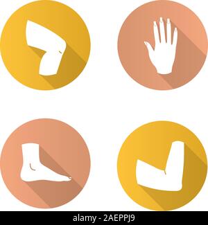 Parti del corpo design piatto lungo ombra glifo set di icone. Ginocchio, mano, piede, giunto a gomito. Vettore illustrazione silhouette Illustrazione Vettoriale