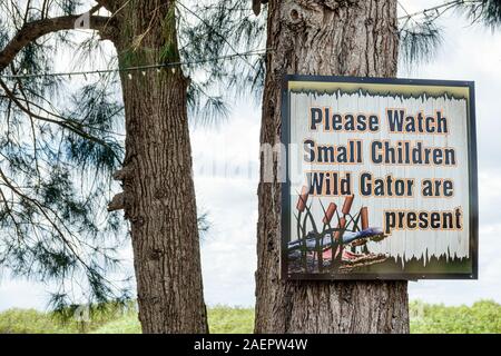 Melbourne, Florida, St Fiume Saint Johns, gite in idroscivolante a Camp Holly, attrazione sulla strada, cartello di avvertimento, attenzione agli alligatori, guardare i bambini, FL190920075 Foto Stock