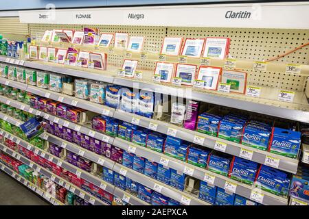 Miami Beach Florida,Walgreens,farmacia,farmacia,farmacia,OTC da banco,medicina,allergia sollievo,allegra,Flonase,Claritin,Nasacort,scaffali,vendita esposizione, Foto Stock