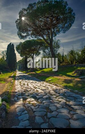 Via Appia Antica durante il tramonto - Roma, Italia Foto Stock