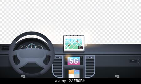 Il cockpit con smart assistenza guida 5G online rete di comunicazione i sistemi wireless di concetto di collegamento del sistema di navigazione GPS sulla schermata del cruscotto di interni auto sfondo trasparente orizzontale illustrazione vettoriale Illustrazione Vettoriale