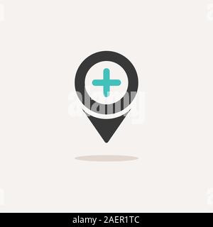 Ubicazione della farmacia. Icona con ombra su un sfondo beige. Ospedale piatta illustrazione vettoriale Illustrazione Vettoriale