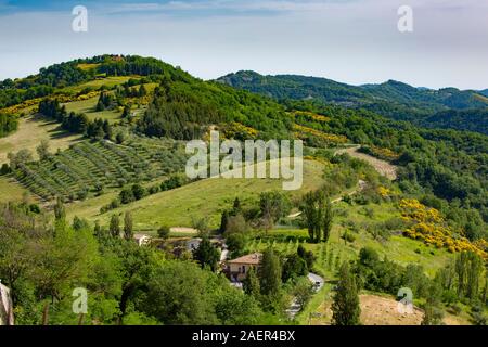 Montone è una piccola collina villaggio in Umbria, Italia, circondato da colline e fattorie. Foto Stock