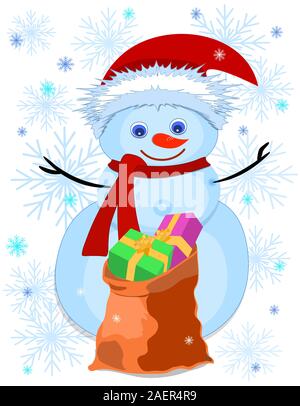 Pupazzo di neve. Borsa di regali. Fiocchi di neve. Bianco. Vettore Illustrazione Vettoriale