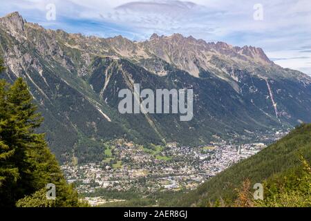 Vista aerea sulla valle di Chamonix in estate, il massiccio del Monte Bianco, alpi, Francia Foto Stock