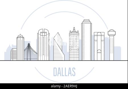 Paesaggio urbano di Dallas con i principali punti di riferimento della città di Dallas, Texas - skyline della città Illustrazione Vettoriale