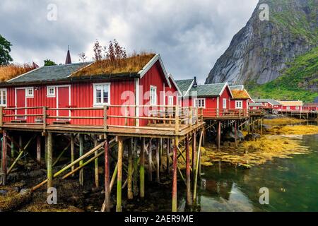 Case Rosse di Reine, il villaggio di pescatori è situato sull'isola di Moskenesoya nell'arcipelago delle Lofoten, al di sopra del Circolo Polare Artico, Norvegia. Foto Stock