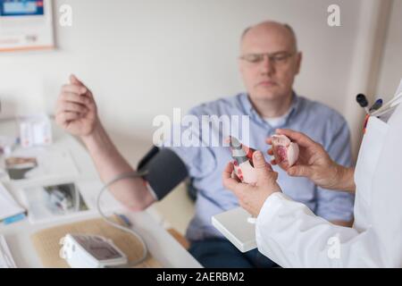 Consultazione di cardiologia. Dottore spiega paziente di sesso maschile la diagnosi con il modello del cuore umano. Foto Stock