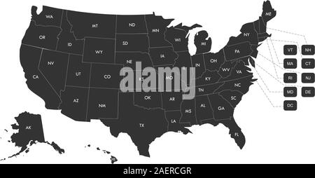 Mappa regionale degli Stati Uniti membri con etichette illustrazione vettoriale. Sfondo grigio. Illustrazione Vettoriale