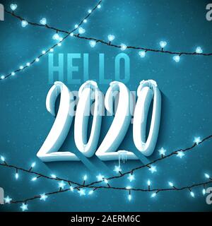 Ciao 2020 Felice Anno Nuovo è venuta poster con handdrawn scritte decorate con realistica neve e ghiaccioli. Inverno sfondo con festosa sparklin Illustrazione Vettoriale