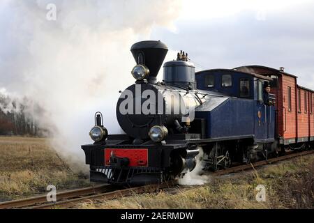 Finlandia fabbricato locomotiva a vapore HKR5 Sohvi carrelli di trascinamento attraverso il paesaggio rurale su Jokioinen museo ferroviario, Finlandia. 8 dicembre, 2019. Foto Stock