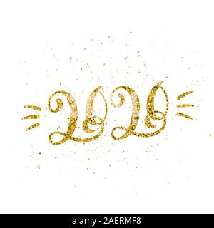 Felice nuovo anno 2020 poster con scritte di composizione. Volantini stagionali e biglietti di auguri per Natale vacanze. Sfondo bianco e oro scintillante Illustrazione Vettoriale