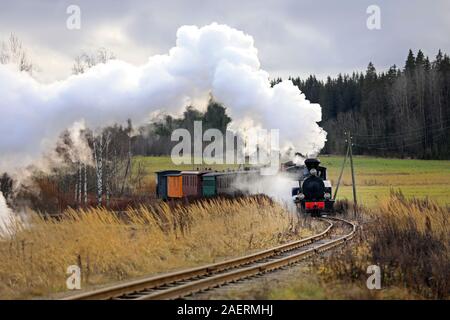 Finlandia fabbricato locomotiva a vapore HKR5 Sohvi carrelli di trascinamento attraverso il paesaggio rurale su Jokioinen museo ferroviario, Finlandia. 8 dicembre, 2019. Foto Stock