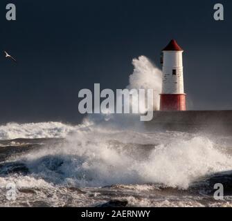 Il mare in tempesta la rottura su Berwick Pier (1810-1825) da John Rennie e faro, (1826) per i disegni o modelli di Giuseppe Nelson. Foto Stock