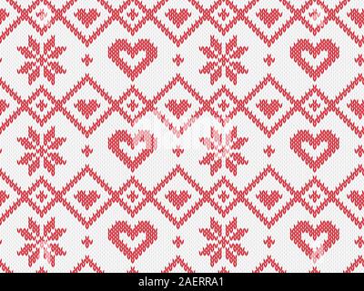 Vacanza invernale a maglia senza cuciture pattern. Sfondo vettoriale per buon Natale e Felice nuovo Yeary. Maglia di lana maglione design con cuore e snowfl Illustrazione Vettoriale