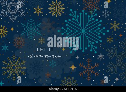 Sfondo di vacanza, banner, telaio, Intestazione di sfondo o biglietto di auguri design con i fiocchi di neve su blu scuro e la tipografia. Illustrazione Vettoriale