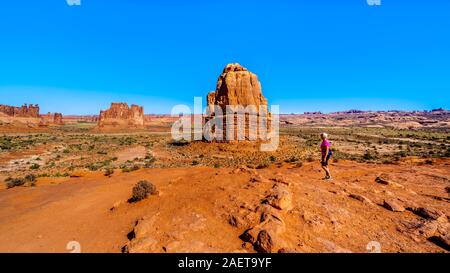 Le alte e fragile arenaria pinnacoli di roccia nel deserto paesaggio del Parco Nazionale di Arches nei pressi di Moab nello Utah, Stati Uniti Foto Stock