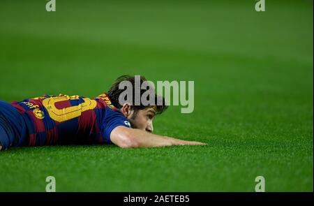 Leo Messi del FC Barcelona celebra un goal durante la Champions League match tra FC Barcelona e Borussia Dortmund al Camp Nou Stadium Foto Stock