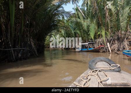 La vista da una piccola barca scendendo lungo il delta del Mekong nel sud del Vietnam Foto Stock