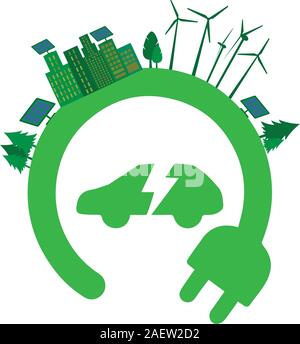Verde auto con spina elettrica, elettrico concetto di carica Illustrazione Vettoriale