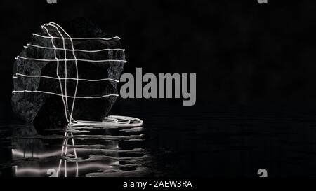 Un LED bianco nastro viene avvolto intorno a un grande blocco di pietra. Sfondo nero e il pavimento con la riflessione. 3D illustrazione Foto Stock