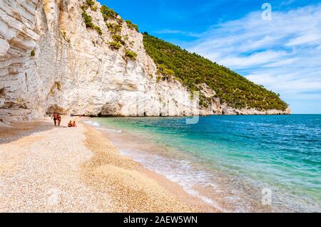 Baia delle Zagare, Gargano Puglia, Italia - 10 Settembre 2019: la gente sulla splendida spiaggia di ciottoli circondata da alte bianche scogliere rocciose e il famoso mare Foto Stock