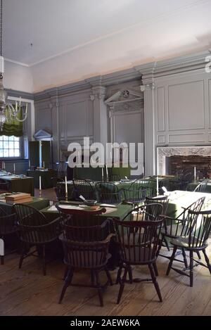 La Assembly Hall all'interno di Independence Hall, nel caso in cui la dichiarazione di indipendenza degli Stati Uniti e Costituzione sono stati firmati nel 1776. Foto Stock